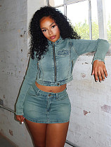 Two-piece Stretch Denim Zipper Jacket Mini Skirt Set CH-88018