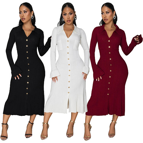 Fashionable Women's V-neck Solid Color Long Skirt Single-breasted Long-sleeved Dress YF-10913