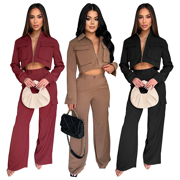 Fashionable and Casual Solid Color Long-sleeved Cargo Pants Set YF-10921