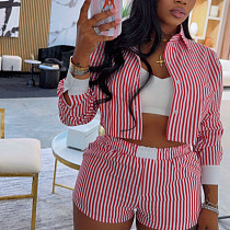 Fashion Striped Lapel Shirt and Shorts Two-piece Set MDF-5521 Fashion Striped Lapel Shirt and Shorts Two-piece Set MDF-5521