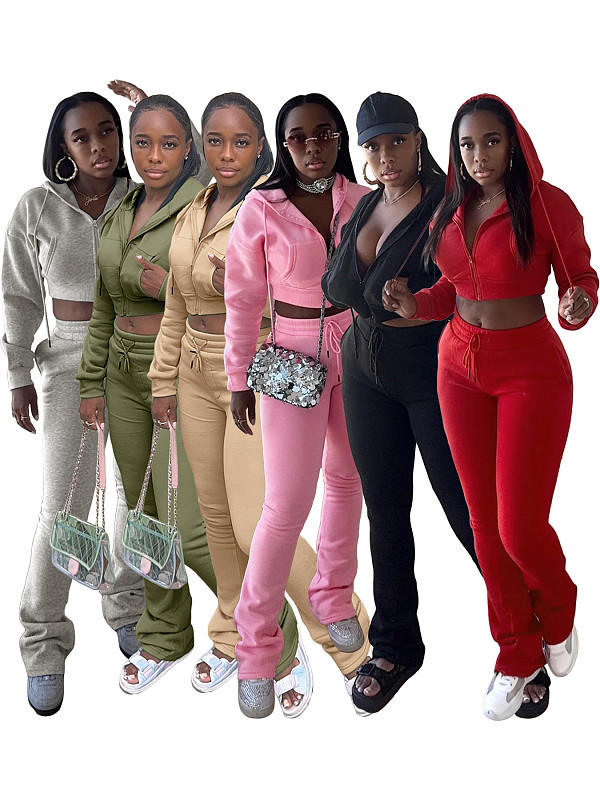Women Fleece Hoodie Hooded Cardigan Slimming Stacked Slightly Flared Pants Two Pieces CH-25057