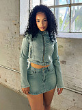 Two-piece Stretch Denim Zipper Jacket Mini Skirt Set CH-88018