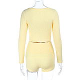 Sexy Solid Color U-neck Long-sleeved Top and Shorts Set SUM-25190