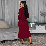 Fashionable Women's V-neck Solid Color Long Skirt Single-breasted Long-sleeved Dress YF-10913
