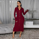 Fashionable Women's V-neck Solid Color Long Skirt Single-breasted Long-sleeved Dress YF-10913