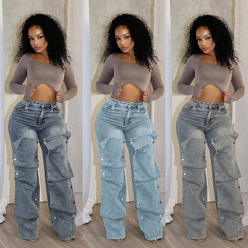 Women Fashion Studded Denim Decorated Loose Denim Trousers LSD-2281