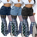 Patchwork Checkered Horn Denim Ruffled Long Trumpet Pants LSD-83176