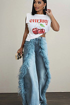 Fluffy Fringed Trimmed Denim Straight-leg Trousers LSD-2324