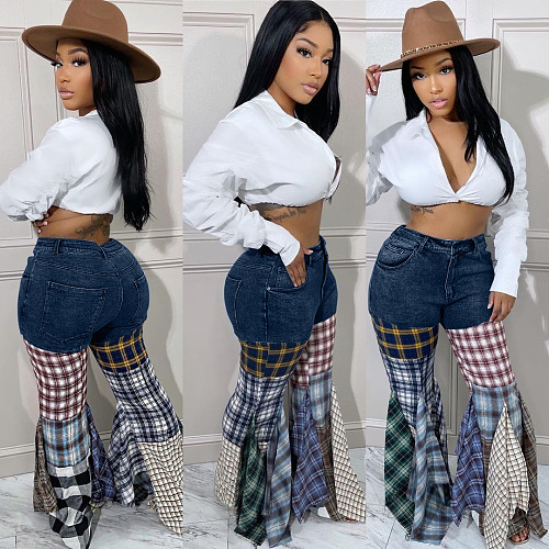 Patchwork Checkered Horn Denim Ruffled Long Trumpet Pants LSD-83176