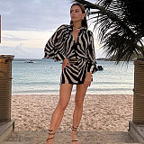 Sexy Fitted Collared Deep V Button-down Printed Bodycon Mini Dress SXE-84007