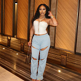Casual Elastic High-waisted Chain-strap Cropped Trousers With Button Cuffs XYWL-25TP330