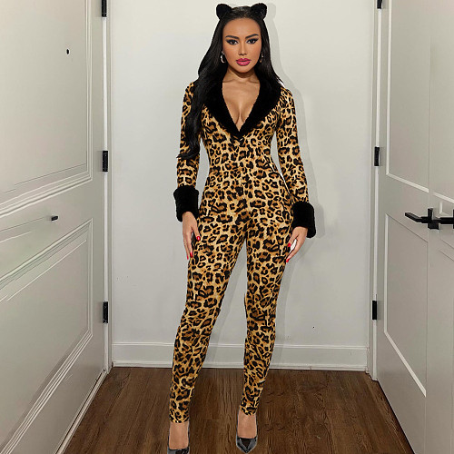 Fashionable and Personalized Street Trend Sexy V-neck Fur Collar Splicing Jumpsuit ZJQD-84416
