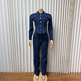 New Denim Collared Long-sleeved Jacket and Wide-leg Pants Two-piece Set RS-6650