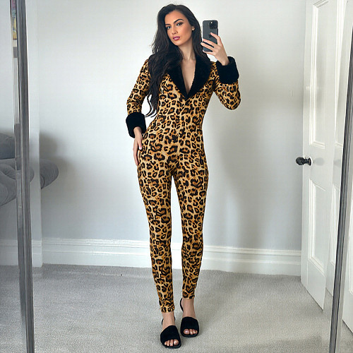 Fashionable and Personalized Street Trend Sexy V-neck Fur Collar Splicing Jumpsuit ZJQD-84416