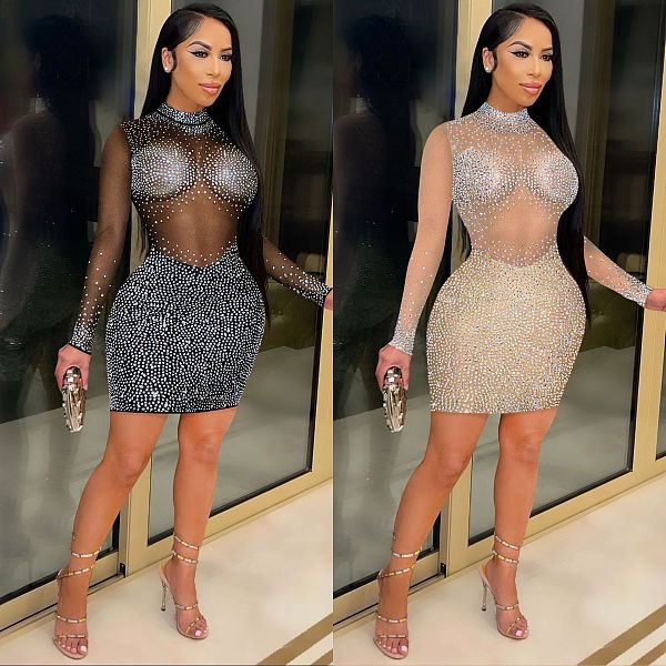 Sexy Nightclub Hot Rhinestone Mesh See-through Long-sleeved Dress BY-5890
