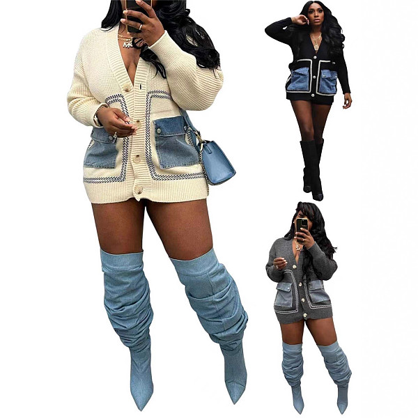 Fashion Women Patchwork Buttons Pockets Loose Sweater Cardigan OD-8707