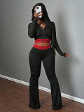 Stylish Solid Color Hooded Patchwork Lace Zip-up Jacket and Trousers Casual Suit XS-1168