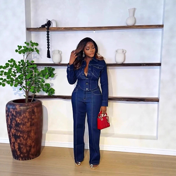 New Denim Collared Long-sleeved Jacket and Wide-leg Pants Two-piece Set RS-6650