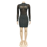 Sexy Nightclub Hot Rhinestone Mesh See-through Long-sleeved Dress BY-5890