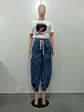 Women Loose Slim Straight Leg Elastic Waist Drawstring Bow Jeans OD-8708