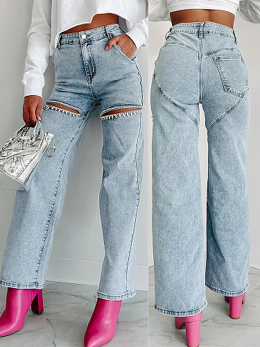 Thigh Openings Stretch Rhinestone Simple Women Jeans OD-8725