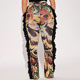 High-waisted Colorful Printed Fringed Furry Patchwork Flared Casual Pants XYWL-25TP288