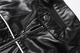 Stylish Slim-fit Short Zip-up Leather Jacket With Printed Patchwork Design SXE-80355