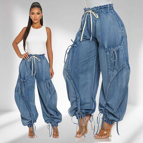 Women Loose Slim Straight Leg Elastic Waist Drawstring Bow Jeans OD-8708