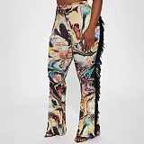 High-waisted Colorful Printed Fringed Furry Patchwork Flared Casual Pants XYWL-25TP288