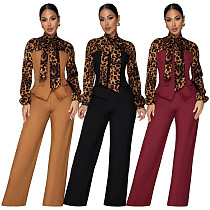 Fashionable Women's Leopard Print Tie-Down Shirt Casual Suit YF-934