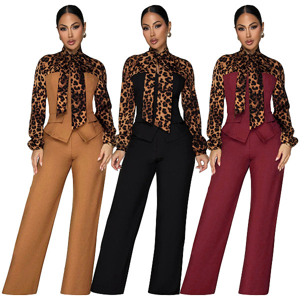 Fashionable Women's Leopard Print Tie-Down Shirt Casual Suit YF-934