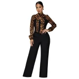 Fashionable Women's Leopard Print Tie-Down Shirt Casual Suit YF-934