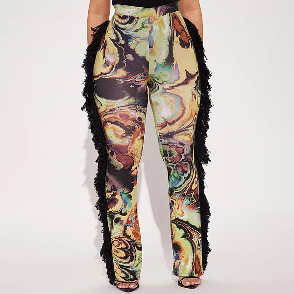 High-waisted Colorful Printed Fringed Furry Patchwork Flared Casual Pants XYWL-25TP288