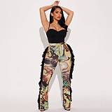 High-waisted Colorful Printed Fringed Furry Patchwork Flared Casual Pants XYWL-25TP288