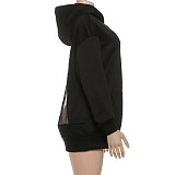 Sexy See-through Mesh Patchwork Long-sleeved Hooded Sweatshirt SXE-83873