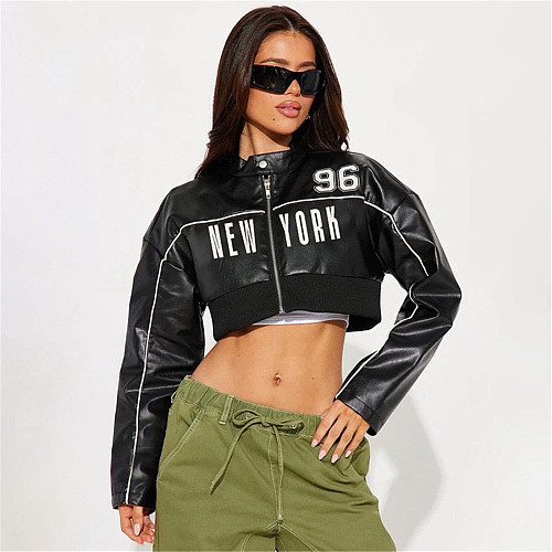 Stylish Slim-fit Short Zip-up Leather Jacket With Printed Patchwork Design SXE-80355