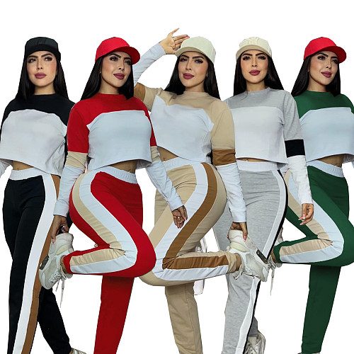 Fashionable Street Style Color-blocked Long-sleeved Pullover and Casual Trousers Two-piece Set SFY-776