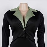Elegant Commuting Lapel Waist Elastic Pleated Patchwork Dress NY-3771