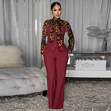 Fashionable Women's Leopard Print Tie-Down Shirt Casual Suit YF-934