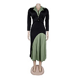 Elegant Commuting Lapel Waist Elastic Pleated Patchwork Dress NY-3771