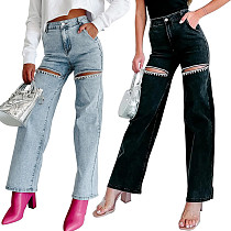 Thigh Openings Stretch Rhinestone Simple Women Jeans OD-8725