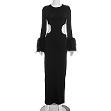 Autumn and Winter Round Neck Hollow Waist Exposed Furry Patchwork Sleeves and Hip Long Dress XYWL-25DS364