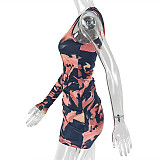 Fitted Asymmetrical Bodycon Dress with Pleated Long Sleeves and Print JY-303571