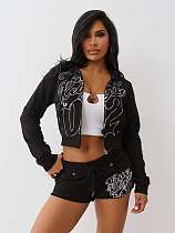 Stylish Slim Fit Printed Zipper Cardigan Jacket and Shorts Set FC-1416