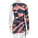 Fitted Asymmetrical Bodycon Dress with Pleated Long Sleeves and Print JY-303571