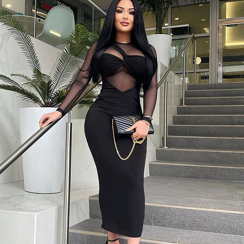 New Round Neck Mesh-paneled Long-sleeved Midi Bodycon Dress JY-97666