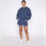 Solid Color Pullover Hooded Long-sleeved Sweatshirt and Casual Shorts Set SSN-211280