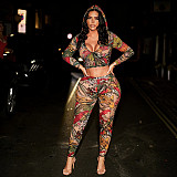 Printed Hooded Zip-up Collar Cropped Jacket and High-waisted Pencil Pants Set XYWL-25ST366