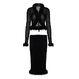 Sexy Leopard Print Fur Patchwork Belted Cardigan and Skirt Two-piece Set MRA-44063