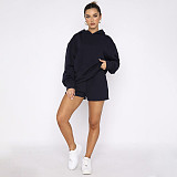 Solid Color Pullover Hooded Long-sleeved Sweatshirt and Casual Shorts Set SSN-211280